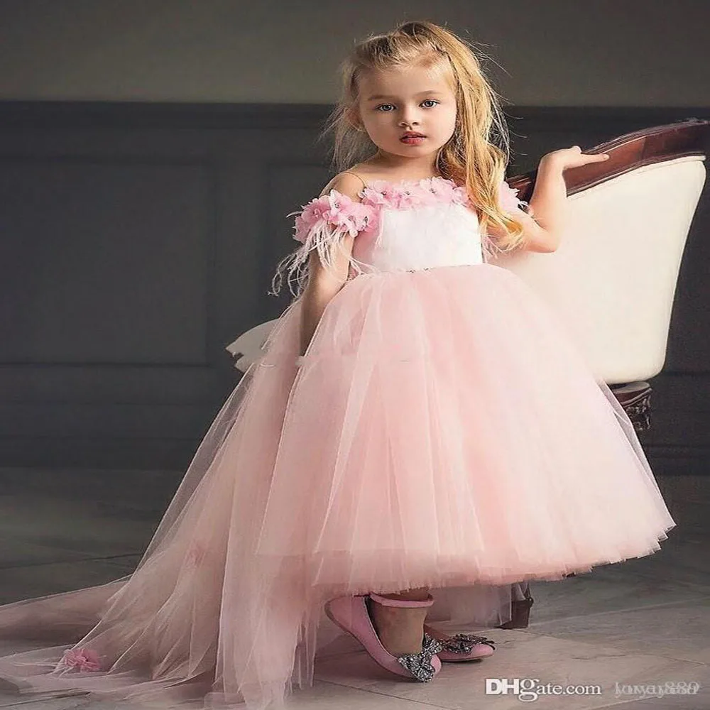 

New Cute Hi-lo Blush Pink Girl's Pageant Dresses Lace Flowers Puffy Ruffles Organza Skirt Wedding Flower Girls' Ball Gowns