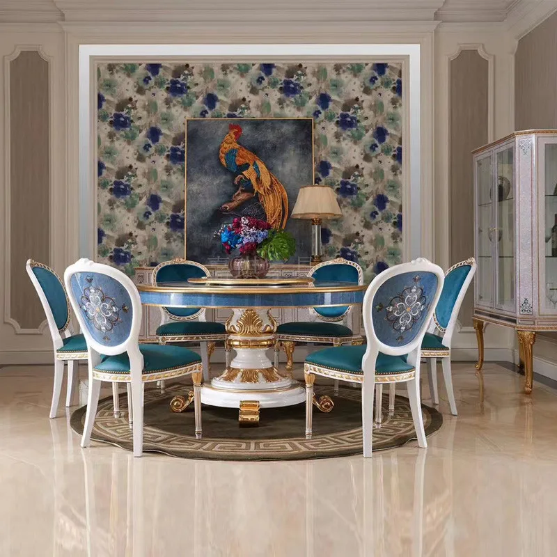 

Custom-made luxury villa dining tables and chairs combination Italian shell parquet all solid wood carving.