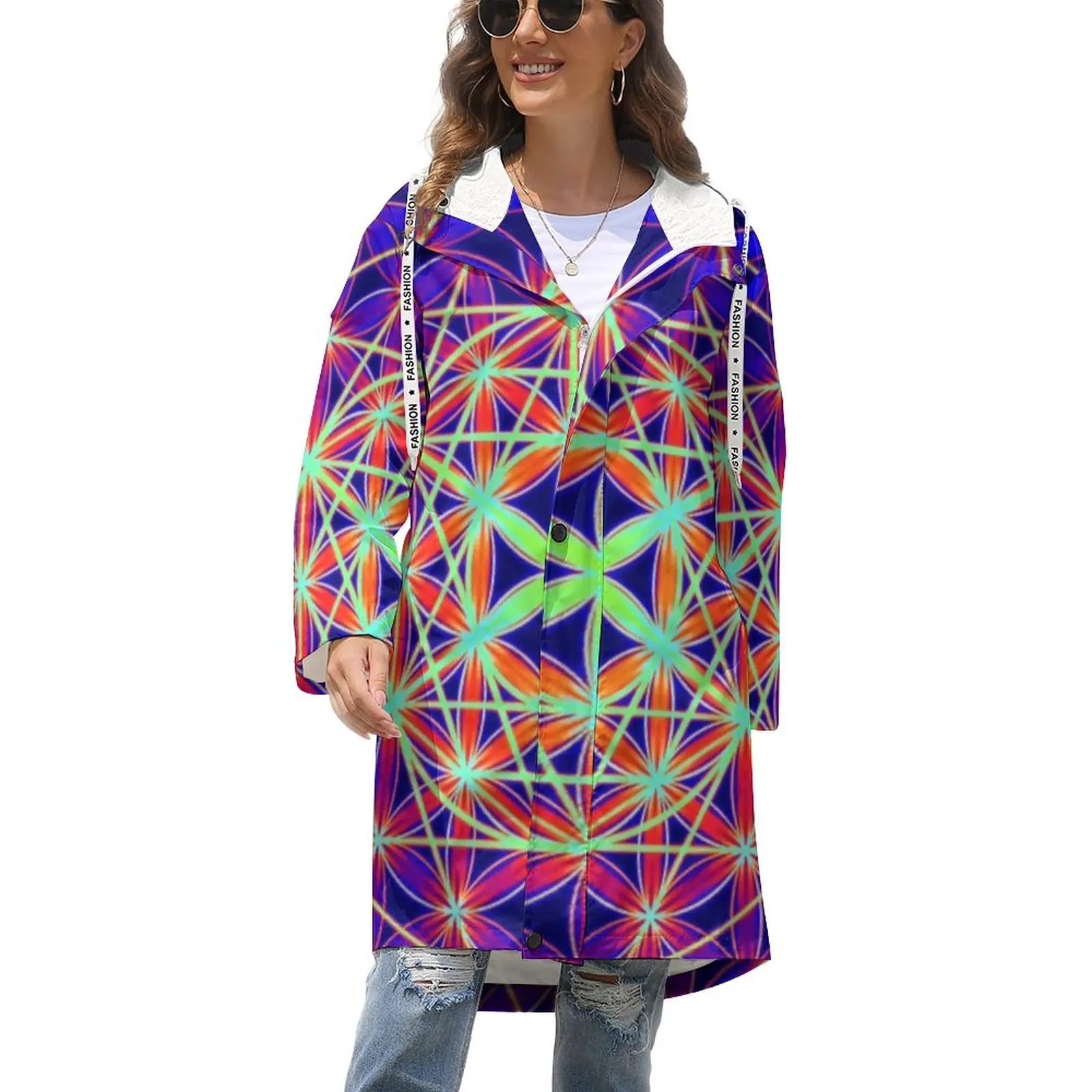 

Sacred Geo Print Warm Trench Coats Ladies Psychedelic Flower of Life Winter Coat Street Wear Long Straight Zipper Windbreaker