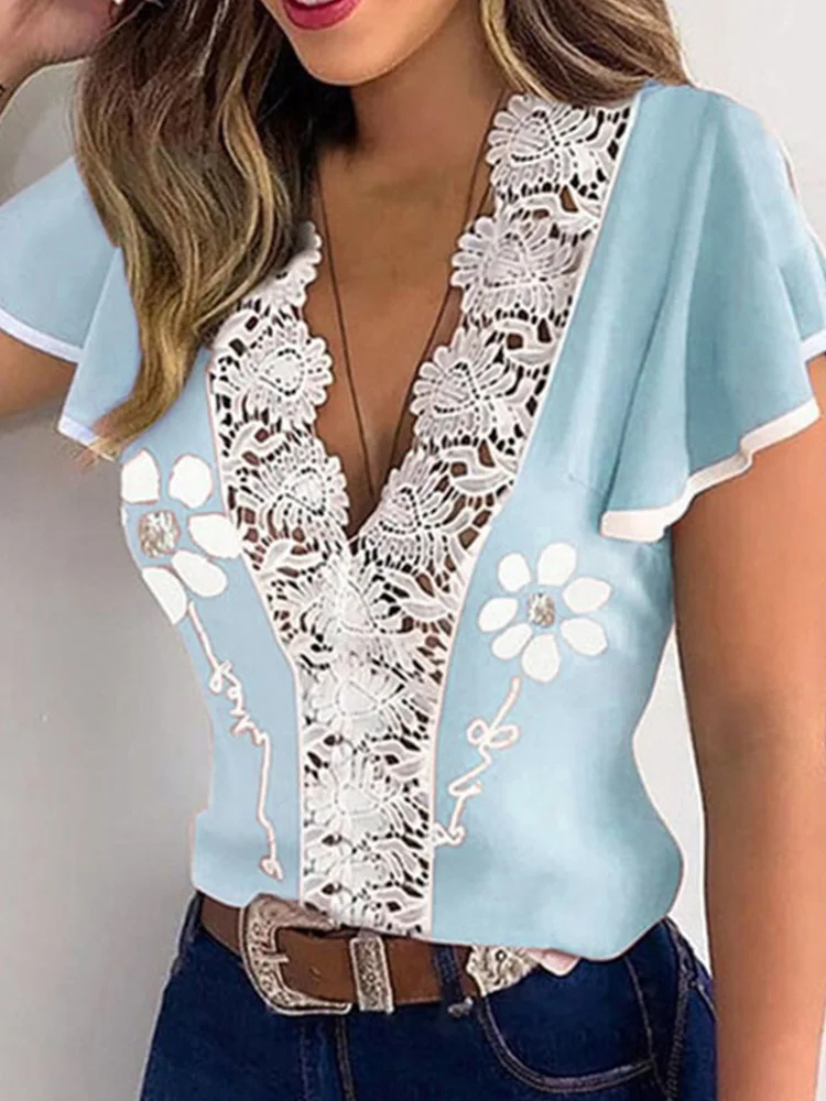 

Office 2022 Sexy V-Neck Lace Embroidered Pullover Tops Blusa legant Butterfly Short Sleeve Women Blouse Summer Women Slim Shirt