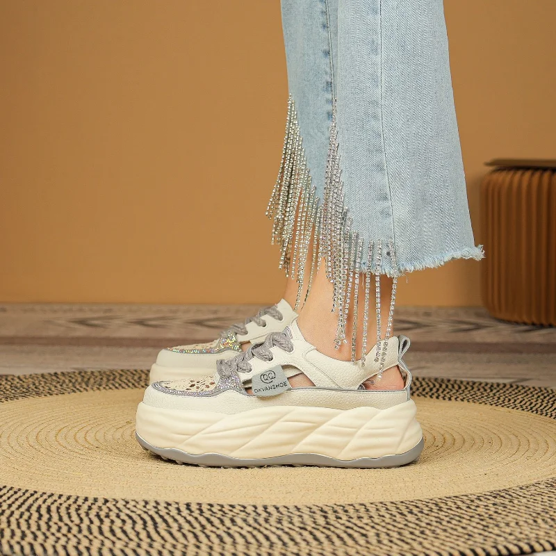 Rhinestone Decor 5cm Lace Genuine Leather Slides Hollow Ladies Summer Breathable Ankle Boots Women Platform Sandals Wedge Shoes