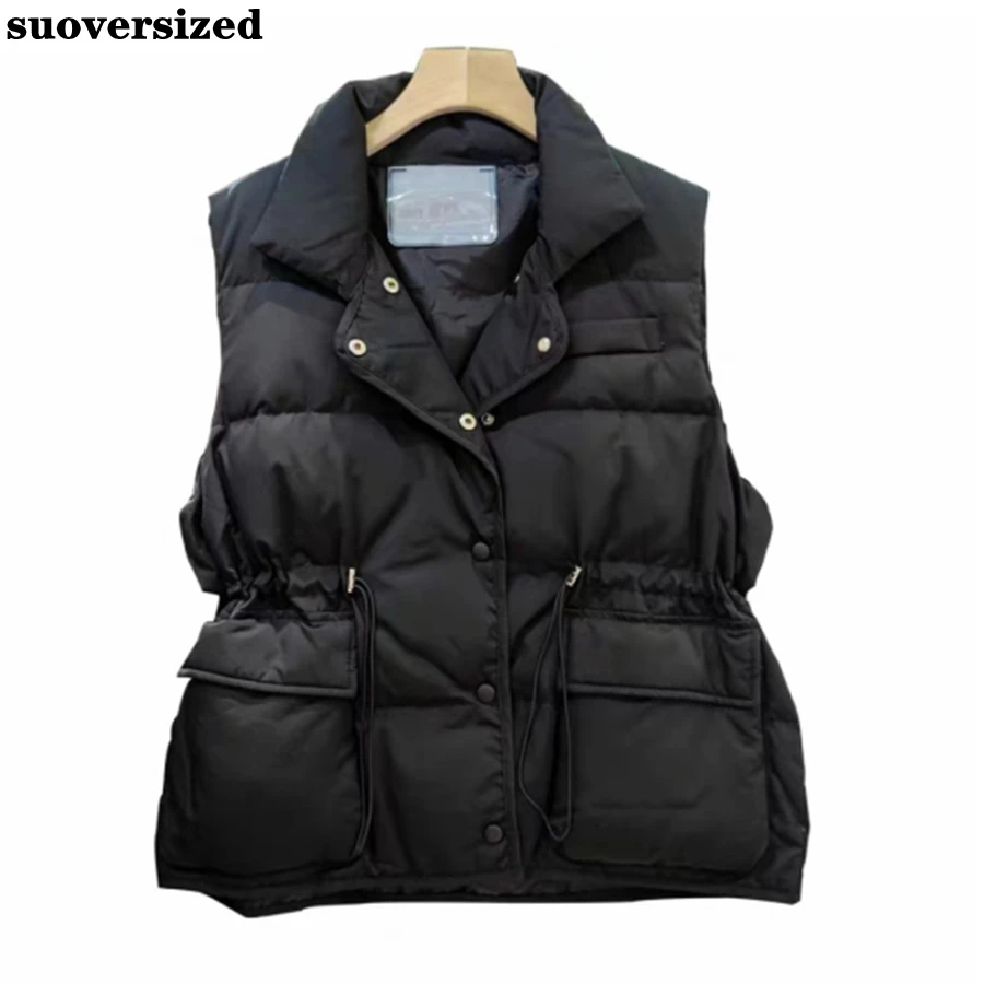 

Fall Winter Cotton Padded Drawstring Slim Vest Women Warm Waistcoat Sleeveless Jacket Korean Coat Basic Solid Outwear Top