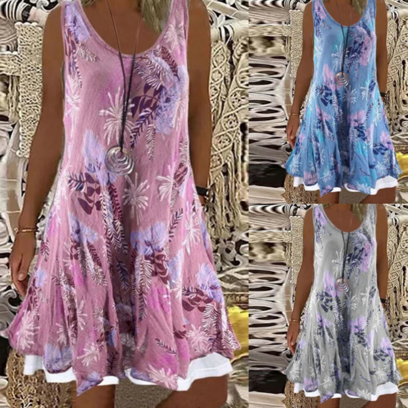 

Summer 2023 New Temperament Women's Round Neck Sleeveless Casual Printing Pullover Fashion Splice Loose Two Piece Dress