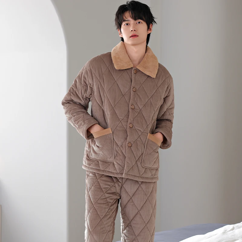 Мужской однотонный пижамный комплект зимняя толстая теплая фланелевая пижама