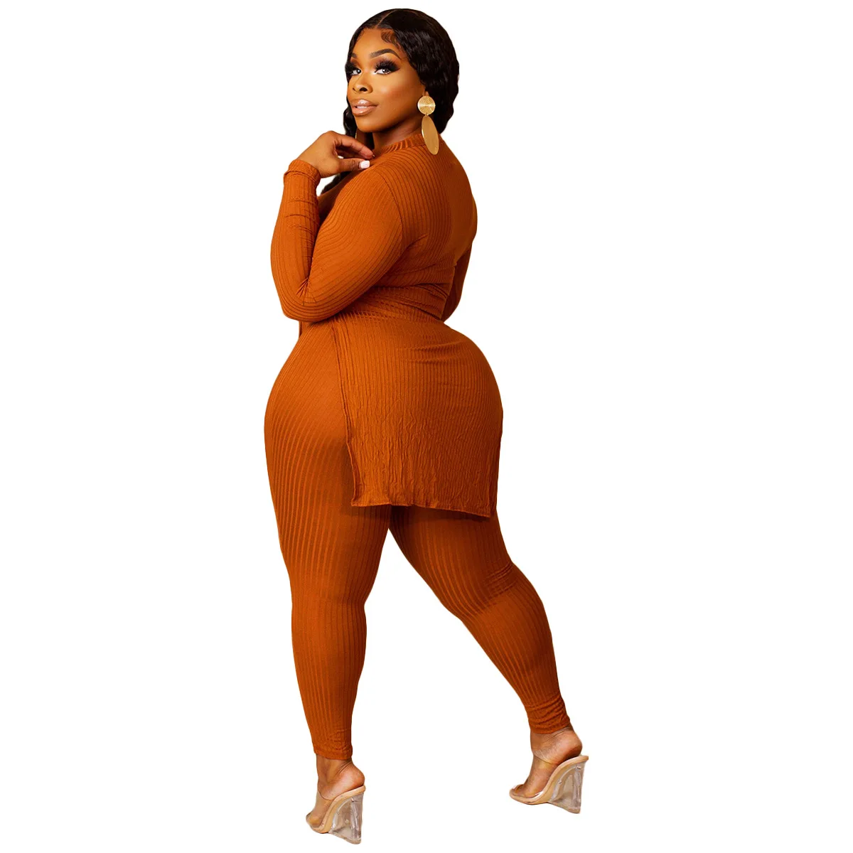 Plus Size Women Sets Ribbed Bandage Long Tops And Pants 2022 Fall Two Piece Sets Female Designer Cloth Casual Tracksuit Outfits