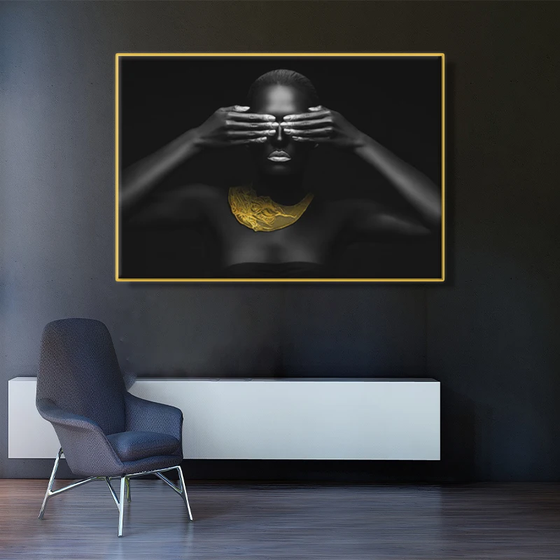 

Living Room African Girl Black Gold Mural Art Poster Canvas Painting Suitable for Home Decor Bedroom Wall