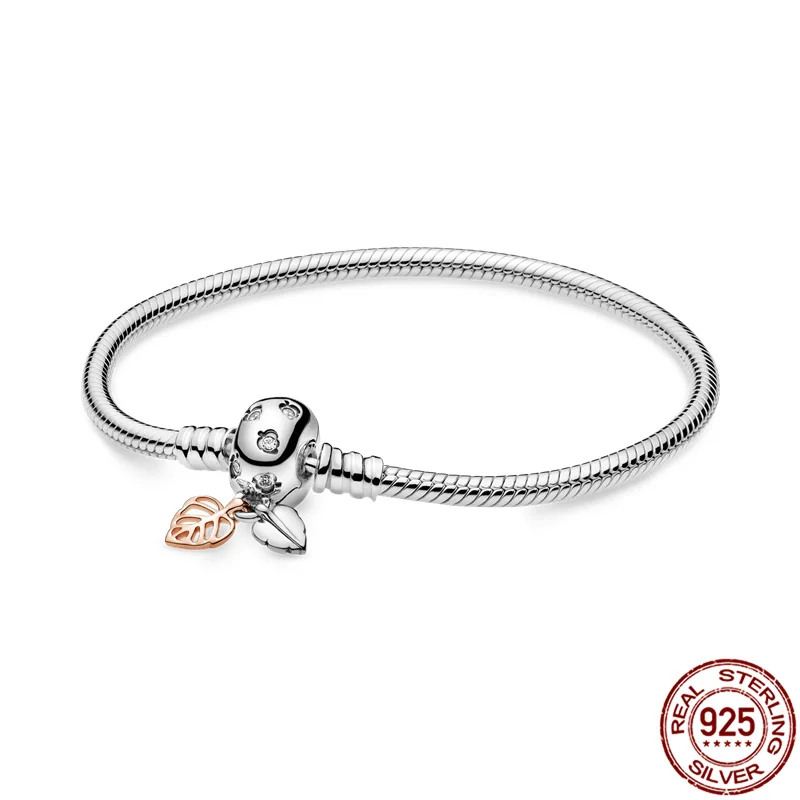 

Top Sale 925 Sterling Silver Heart Leaves Clasp Femme Snake Chain Bracelets Fit Original Brand Charm Bead DIY Jewelry Women Gift