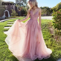 loveweiwei sexy pink spaghetti straps v neck tulle prom dress side slit a line cross backless appliques evening dress for women