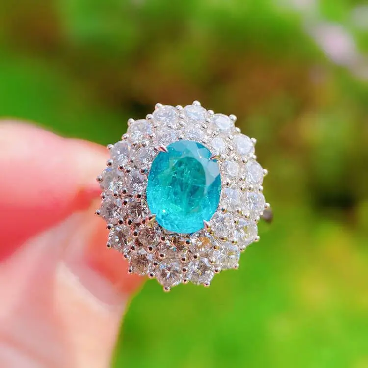 

Luxurious Paraiba Sapphire Flower Oval Diamond Couple Ring For Women Geometric Zirconia Silver Plated Anniversary Gift Jewelry