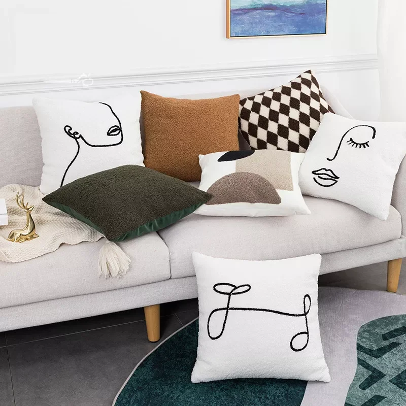 

Abstract Embroidery Cushion Cover 45x45cm White Geometric Pillow Cover Handmade Cotton for Sofa Bed Chair Living Room Home