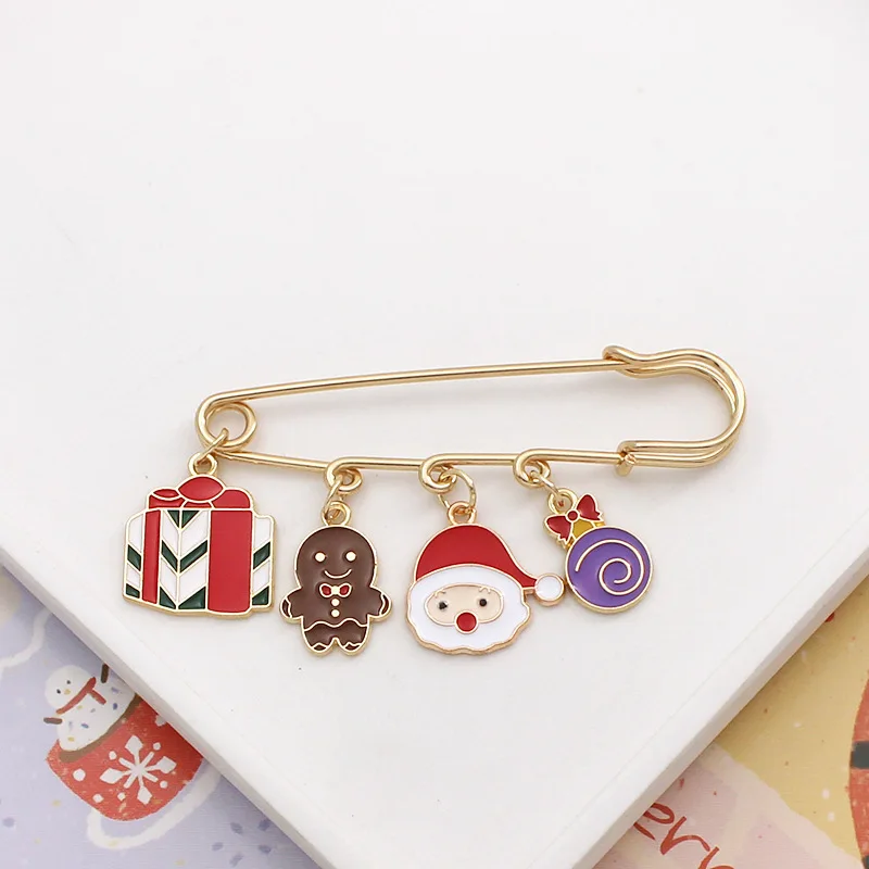 

Merry Christmas Brooch Xmas Tree Santa Claus Glove Sock Snowman Deer Snowflake Chain Tassel Big Needle Pins Party Jewelry
