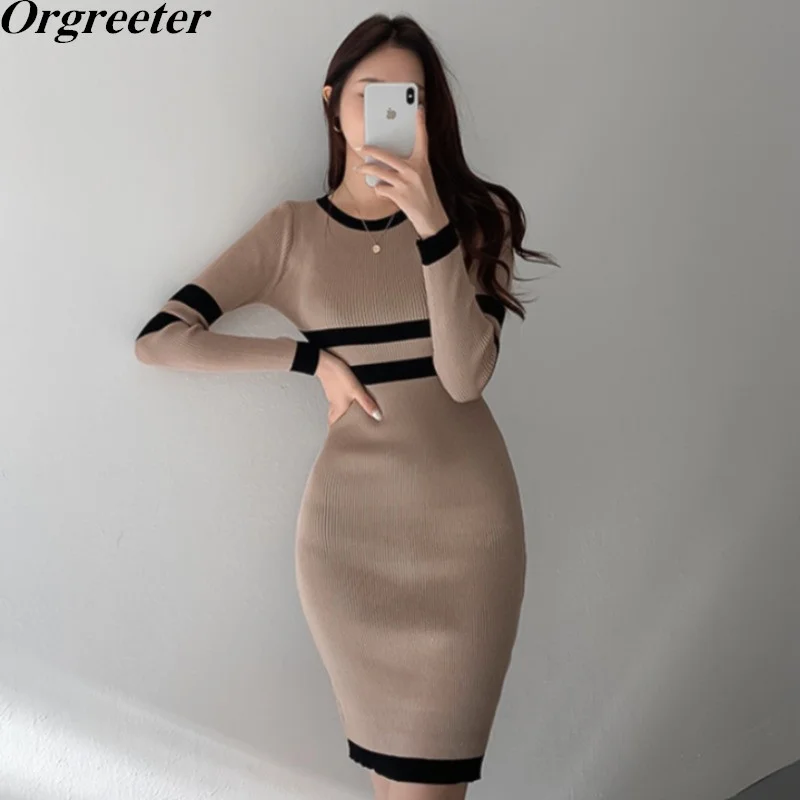 

Spring Women Sheath Knitted Dresses Slim Black Elegant O-neck Stretch Long-sleeved Autumn Thin Sexy Bottoming Knit Pencil Dress