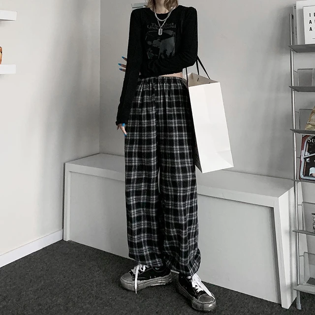 Kobiety wysokiej talii spodnie w kratę amerykański Retro dorywczo luźna szeroka spodnie nogi kobiet Harajuku Hip-Hop wszystkie mecze spodnie wiosna nowy 4