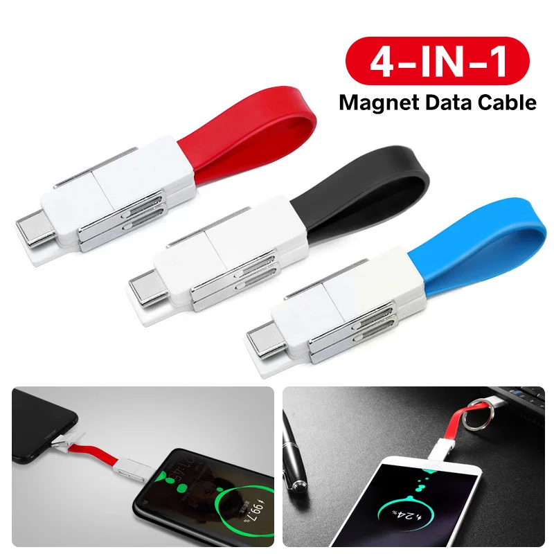 

4 In 1 Magnetic Cable Short Keychain Micro USB Type C Adapter For iPhone 13 8 Samsung Mini Portable Power Bank OTG Charging Wire
