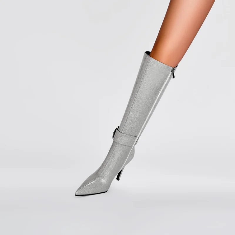 2023 Pointy stiletto Knight boots Fashion show fashion boots Silver sequined patent leather high boots M6166