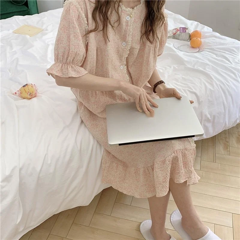 Nightdress for Women Cotton Floral Lace Nightgowns Home Dressing Gown Half Sleeve Summer Sleepshirt Nightwear Sweet Loose Pajama