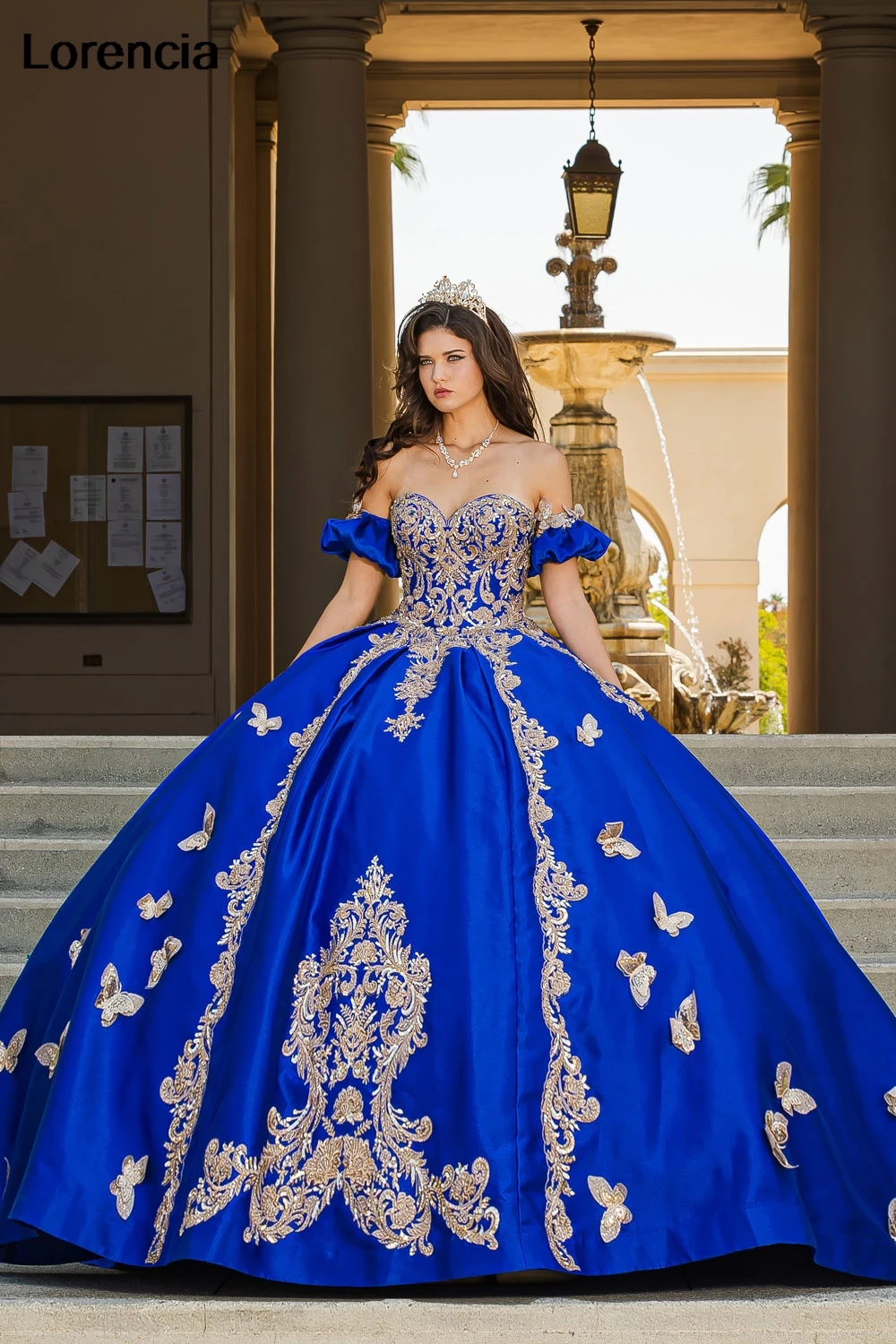 Lorencia мексиканское Королевское синее платье Quinceanera бальное Золотая бабочка