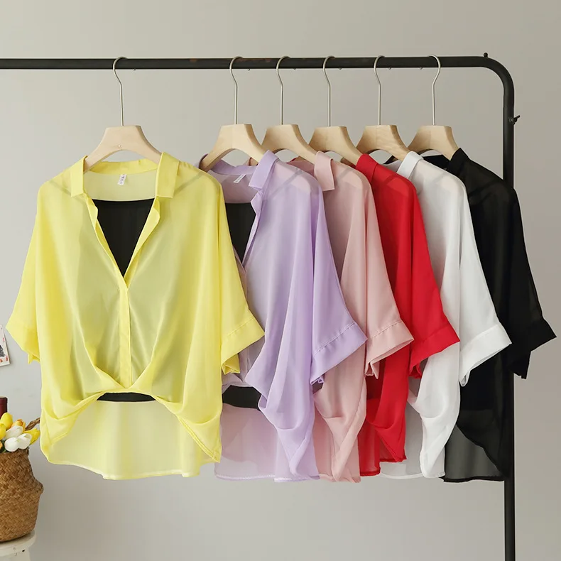 

Ladies 2022 Two Piece Set Leopard Chiffon Shirts Summer Half Sleeve Loose V-Neck Women Casual Blouse Sexy Striped Tops