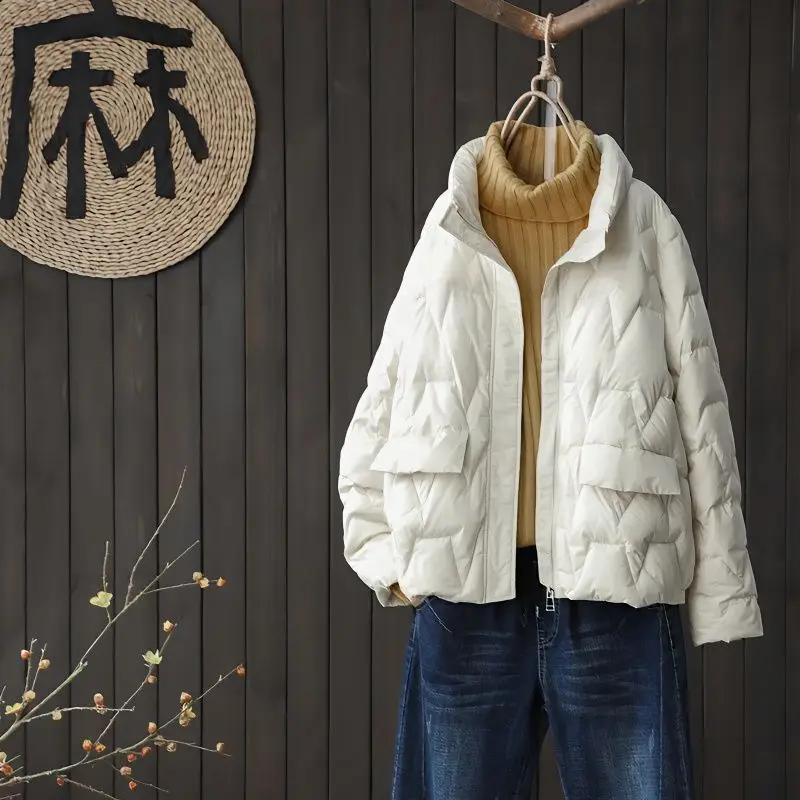 Women's 2023 New Winter Korean Style Solid Loose White Duck Down Coats Fashion Vintage Casual Female Long Sleeve Jackets C58