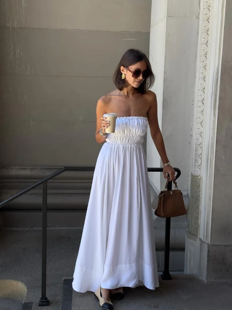 Эластичное Плиссированное длинное платье без бретелек для женщин сексуальное