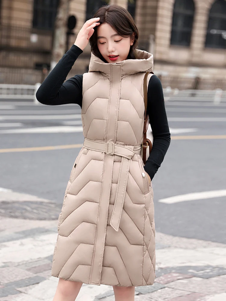 

2023 Autumn Winter Vest Women's Solid Hooded Coat Ladies Casual Sleeveless Jacket With a Belt Warm Quilted Vest For Female