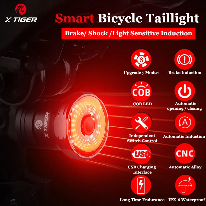 

X-Tiger Bike Rear Light IPx6 Waterproof LED Charging Bicycle Smart Auto Brake Sensing Light Accessories Bike Taillight Light