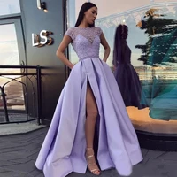 yiminpwp lavender prom dresses for women 2022 boat neck lace up back side split satin long dress beading evening party gowns