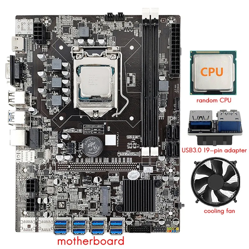 

B75 8 Card Mining Motherboard+CPU+Cooling Fan+USB3.0 19-Pin Adapter 8 USB3.0 (PCIE) GPU Slot LGA1155 DDR3 SATA3.0 BTC