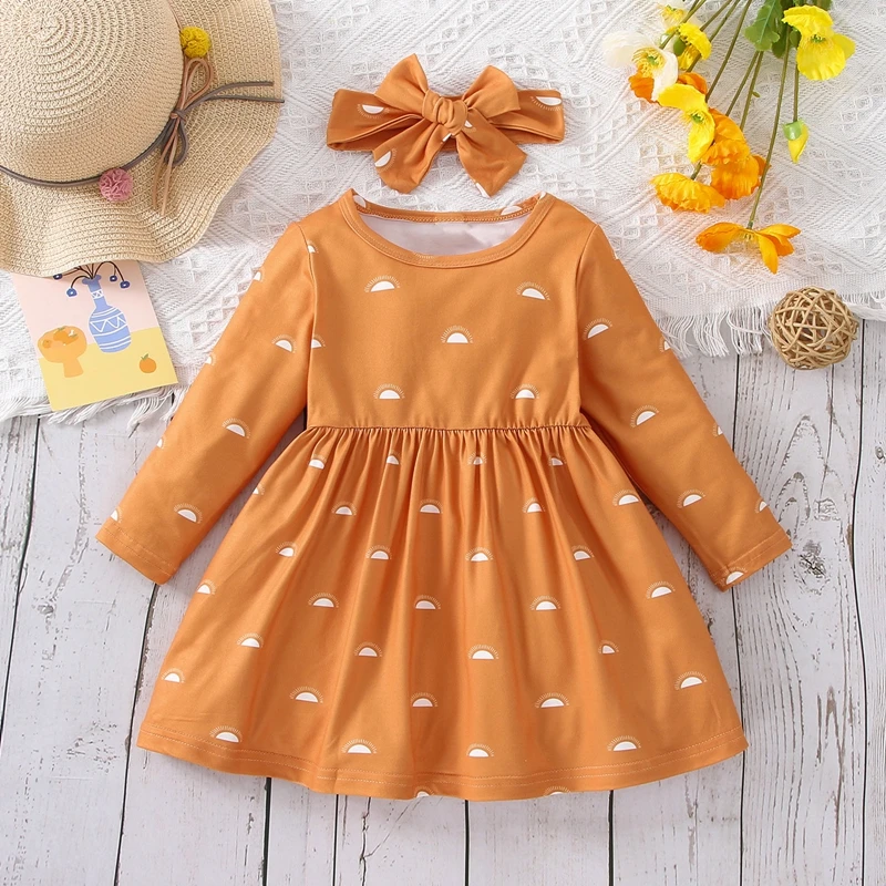 

Toddler Baby Girls Casual Dress Round Neck Half Sun Printed Long Sleeve Dress with Headband
