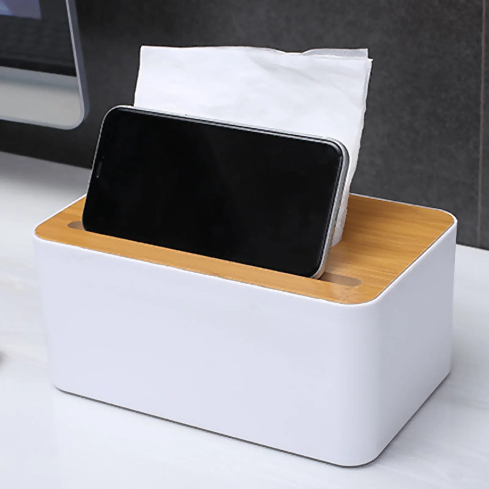 

Behogar Modern Plastic Paper Tissue Napkin Box Case Holder Storage Organizer with Phone Slot for Home Car Office Bathroom