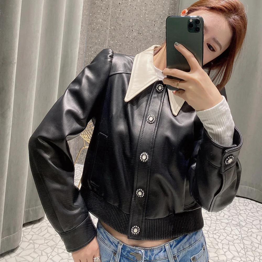 Lady Leather Jackets 2022 New Genuine Sheepskin Short Coat Single-Breasted Contrast Collar Elegant Fashion Autumn Outwear 9086