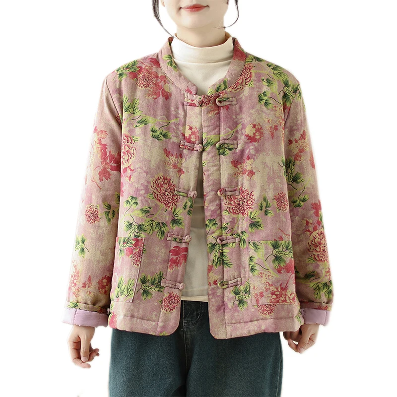 Утепленная хлопковая куртка с широкой талией в китайском стиле ретро женская