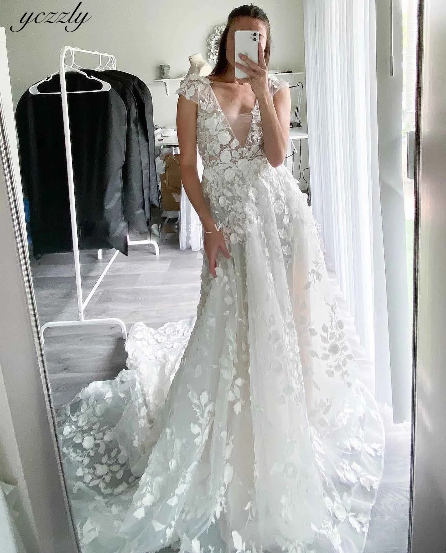 

Yczzly Backless Beach Wedding Dress With Cap Sleeves Long A-line V-neck Lace Bridal Dress For Women Vestido De Novia 2024 YW443