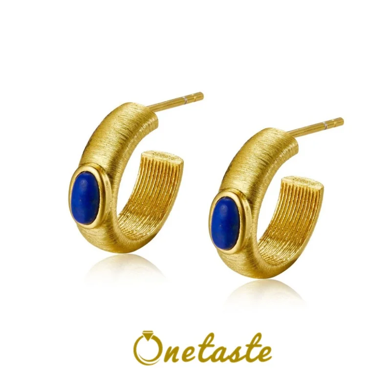 

925 Silver Plating Gold Brushed Natural Lapis Lazuli Hoop Earrings For Women Simple C Shaped Blue Stone Small Earring 2023 New