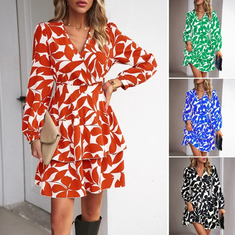 

Spring Autumn Women's 2023 New Printed Beach Casual Clothing V-Neck Long Sleeve Hight Waist Sexy Elegant Mini Dress Vestidos
