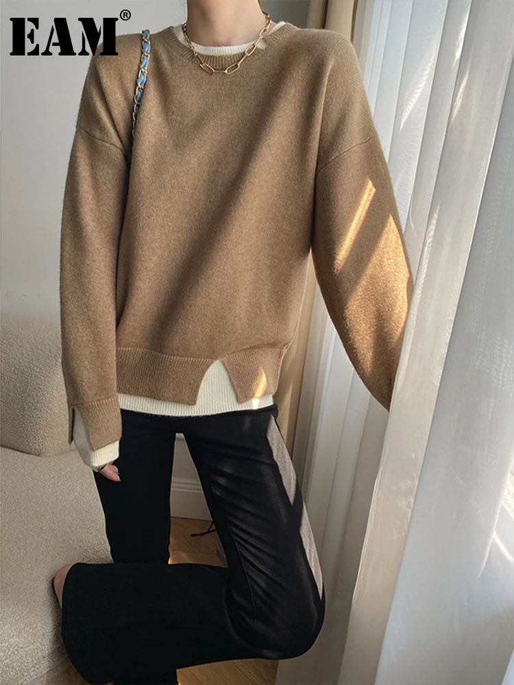 

[EAM] Color-block Big Size Knitting Sweater Round Neck Long Sleeve Women Pullovers New Fashion Tide Autumn Winter 2023 1DF1742