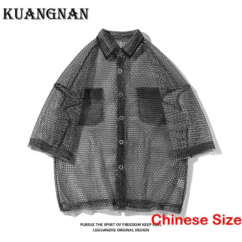 

KUANGNAN Hollow Shirt Blouse Male Shirts for Mens Clothing Korean Clothes Black Top Luxury Half Sleeve Sale 5XL 2023 Summer