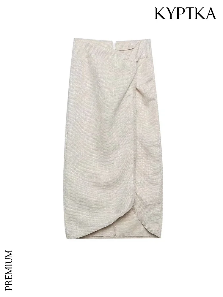 

KYPTKA Women Fashion Front Knot Frayed Hem Side Slit Midi Skirt Vintage High Waist Back Zipper Female Skirts Mujer