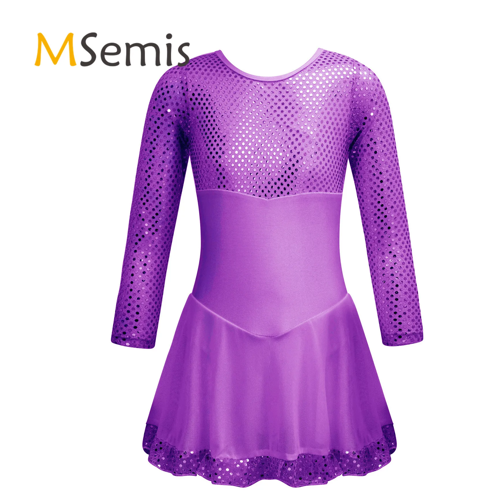 

Kids Girls Ballet Figure Skating Dance Dress Long Sleeve Round Neckline Sparkling Sequins Decorated Ruffle Hem Dress Costume