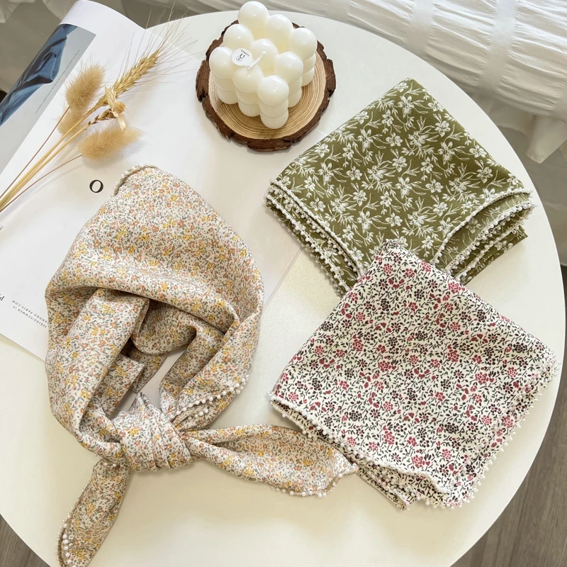 

60*60cm Pearl Edge Cotton And Linen Handkerchief Small Hair Scarf For Women Cute Plain Bag Scarfs Fashion Scarves For Women