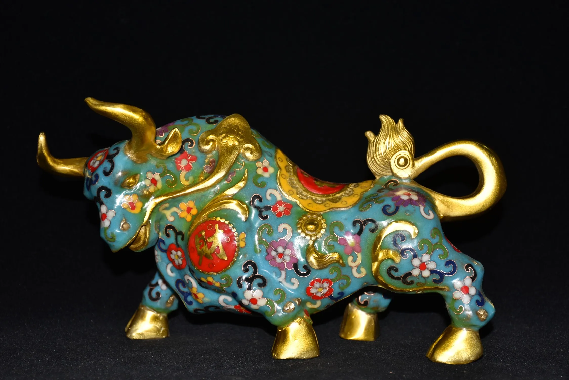 

11"Tibetan Temple Collection Old Bronze Cloisonne Enamel bull statue bull bull market struggle cow wealth Gather fortune