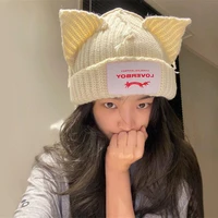 2022 new cute warm hat ins super hot cute korean cat ear patch knitted hat couple knitted piglet wool hat cold hat fashion