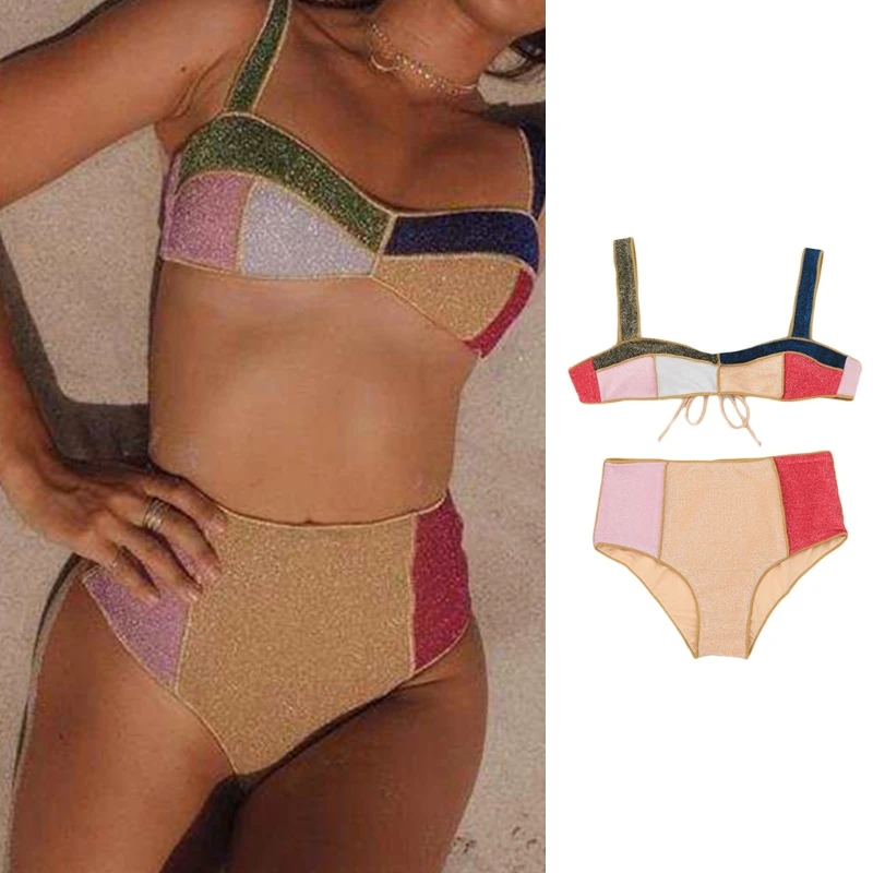 

Triangle Stitching Strappy Swimsuit Fashion Sexy Stitching Color Bikini Women Split Beachwear Summer Spa Beach Surf Spor