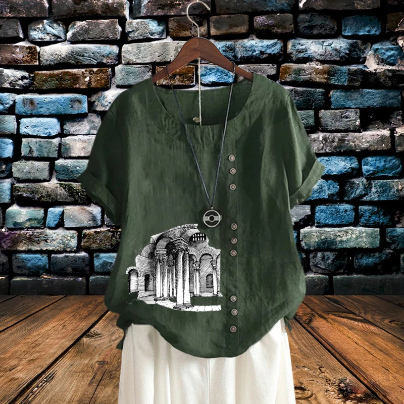 

2022 летняя льняная однотонная женская блузка с принтом здания, футболки с круглым вырезом, Удобные Свободные топы с коротким рукавом