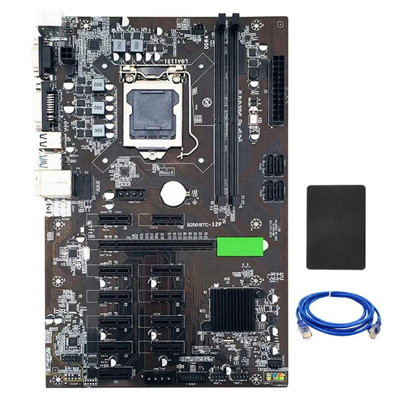 

B250 BTC Mining Motherboard LGA 1151 DDR4 12Xgraphics Card Slot USB3.0 With SSD 128G+RJ45 Network Cable For Miner Mining