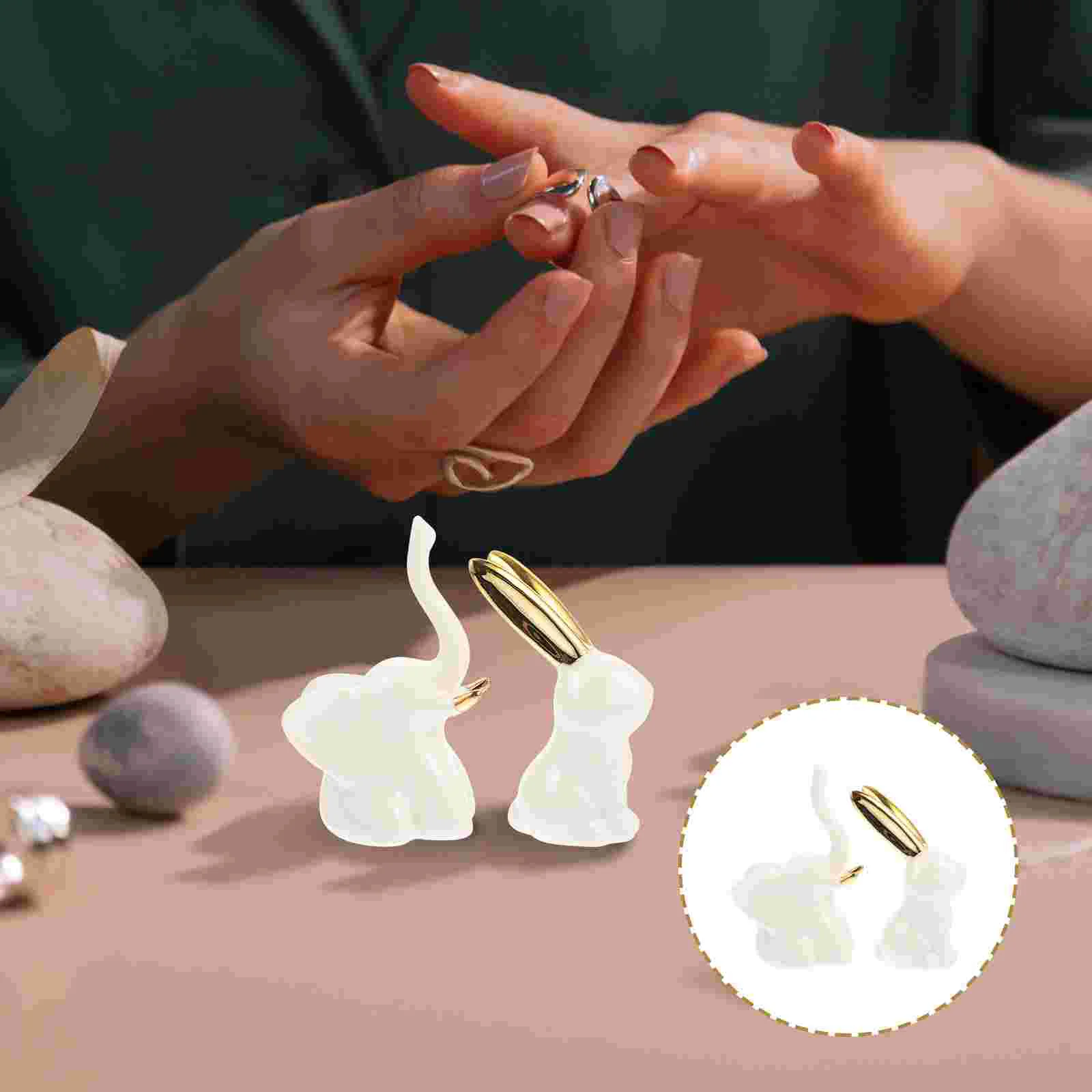 

Ring Ceramic Elephant Holder Statue Animal Jewelry Decor Dish Tray Craft Rabbit Statues Figurinesholders Cartoon Bunny Home