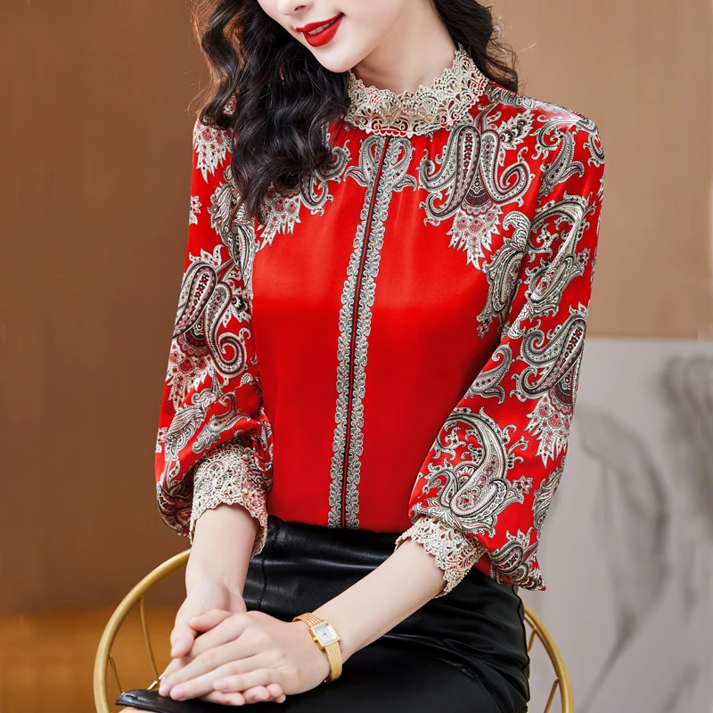

Красная шелковая атласная рубашка, новинка 2022, модные Лоскутные Ретро кружевные топы, винтажная женская блузка с длинным рукавом и принтом, блуза