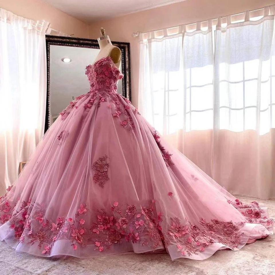 ANGELSBRIDEP розовые платья Quinceanera с 3D аппликациями и кружевными цветами выпускные