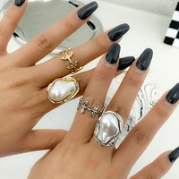2pcs statement big baroque pearl open rings for women new jewelry adjustable ring baroque leaf joint ring set gift gold silver