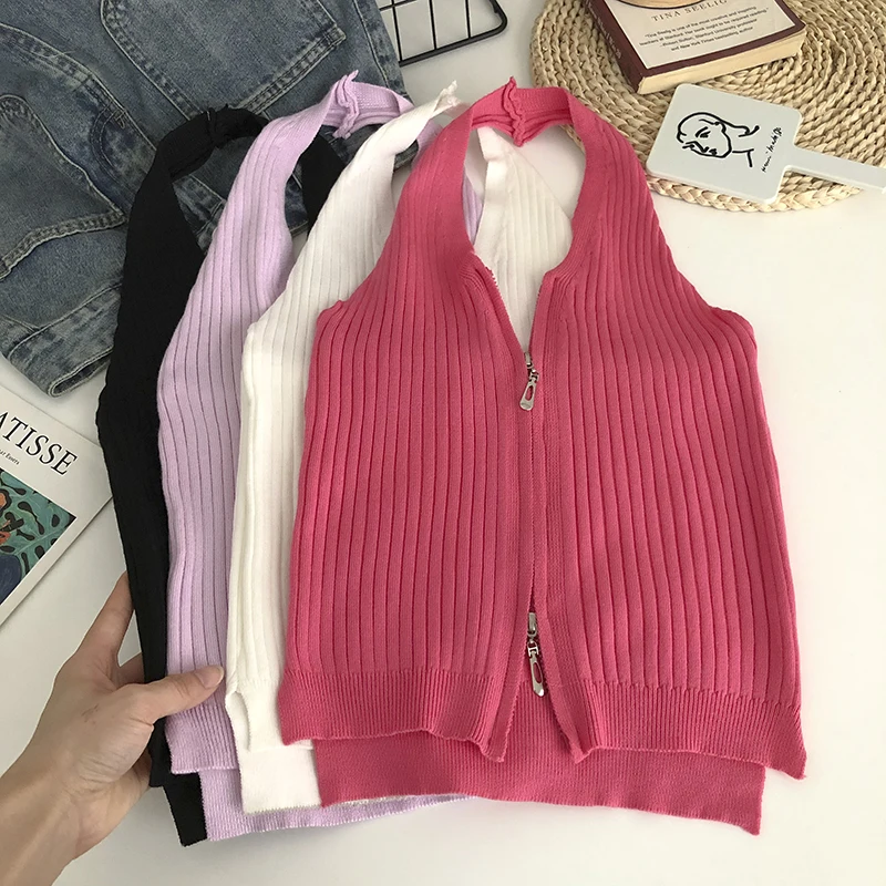 

Knitted Hault Tank Tops For Women Casual Sleeveless V Neck Corset Camis Korean Fashion Zipper Woman Tanks Camisoles Dropshipping